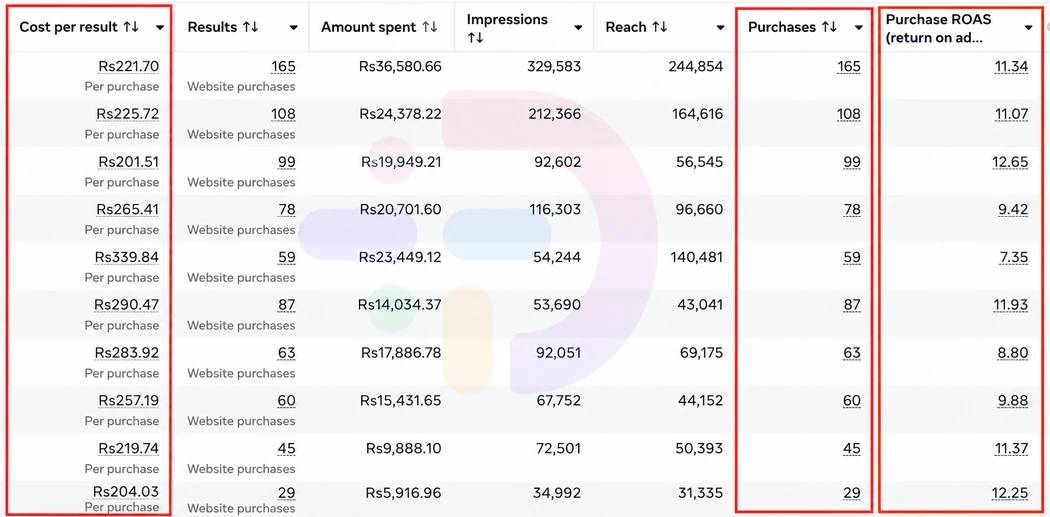 Meta Ads Manager performance screenshot for an anonymised Pakistan hair care brand showing 793 purchases and campaign ROAS results.