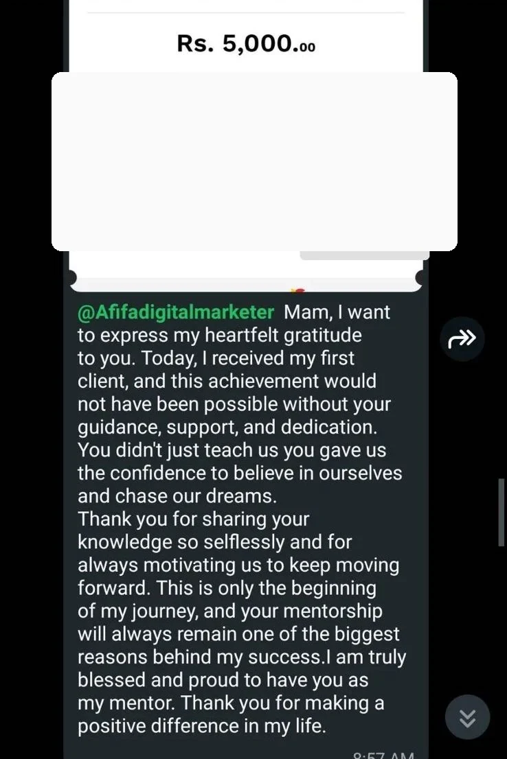 Student message sharing a first client and PKR 5,000 payment milestone
