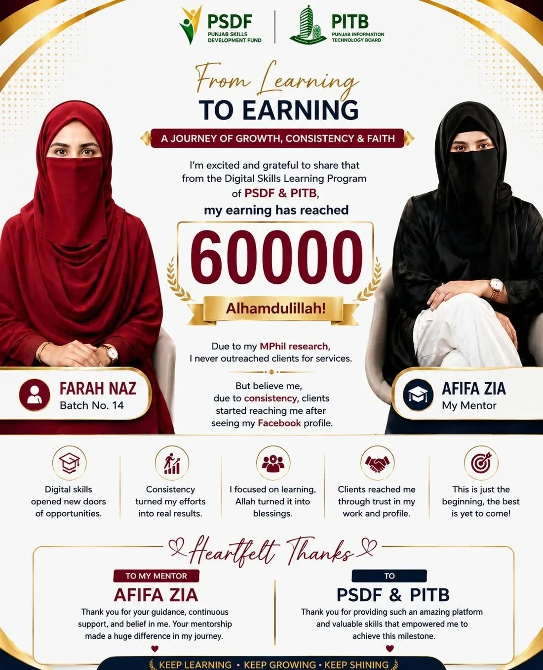 Designed student success story showing Farah Naz reaching a PKR 60,000 earning milestone