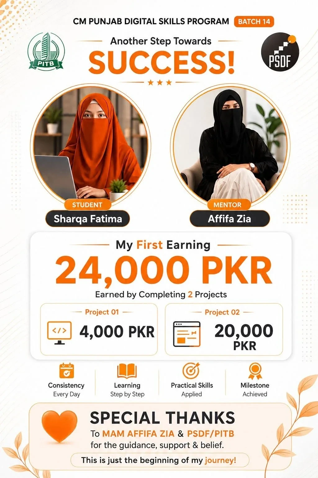 Designed student success story showing Sharqa Fatima earning PKR 24,000 from two projects
